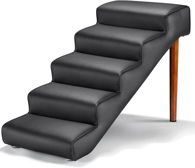 Senneny Black Faux Leather Dog Stairs, for Pets up to 150 lbs, Waterproof, Scratch Resistant Pet Steps/Stairs with High Density Foam and Detachable Wooden Legs, Black, 5 Step