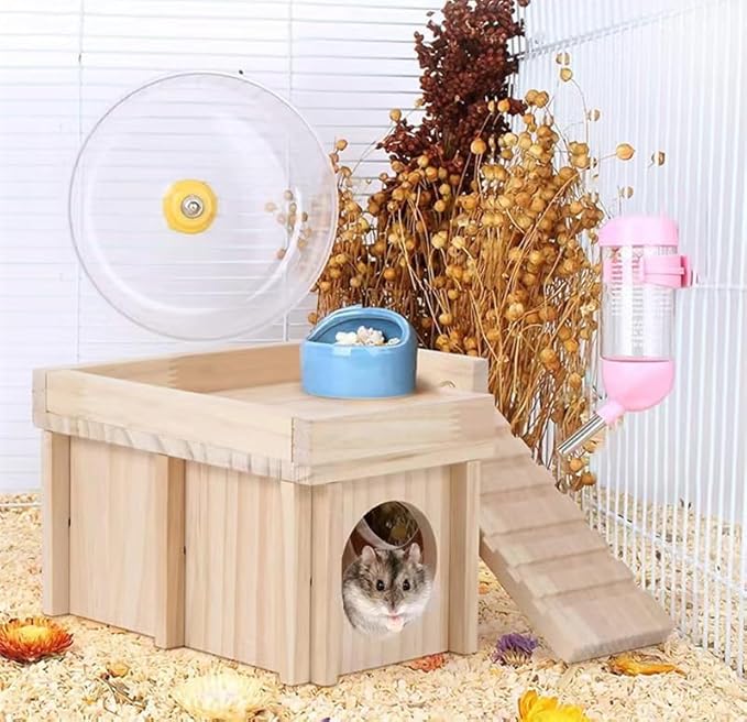 Hamster House Multi Chamber Wooden Hamster Maze Tunnel with Ladder Gerbil Hideout Castle Small Animal House Hut Habitats Cage Accessories for Hamster Rat Gerbils and Other Small Pets