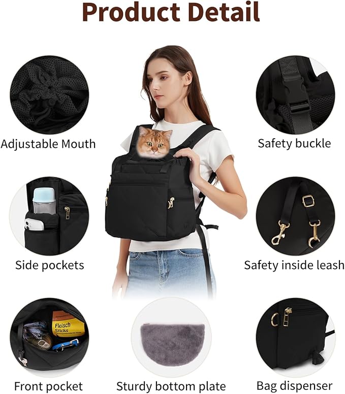 OFY Cat Carrier Puffy Backpack Breathable Small Dog Front Backpack Large Space for Small Dogs, Drawstring & Water-Resisant Pet Bag for Travel Hiking, Black Patent Pending