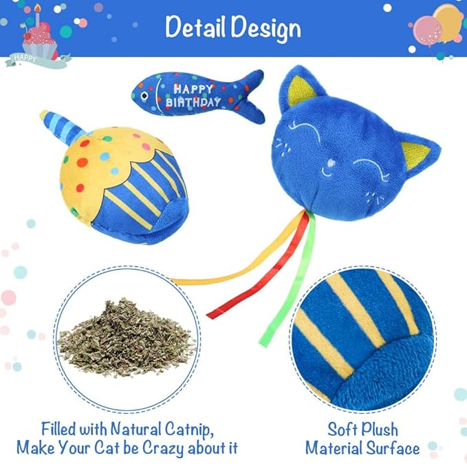 BINGPET Cat Birthday Catnip Toys for Indoor Cats,Cat Birthday Hat,Bandana and Cat Birthday Cake Interactive Plush Kitten Chew Toys,Cute Fish,Balloon Toys with Crinkle Paper and Catnip Inside(Blue)