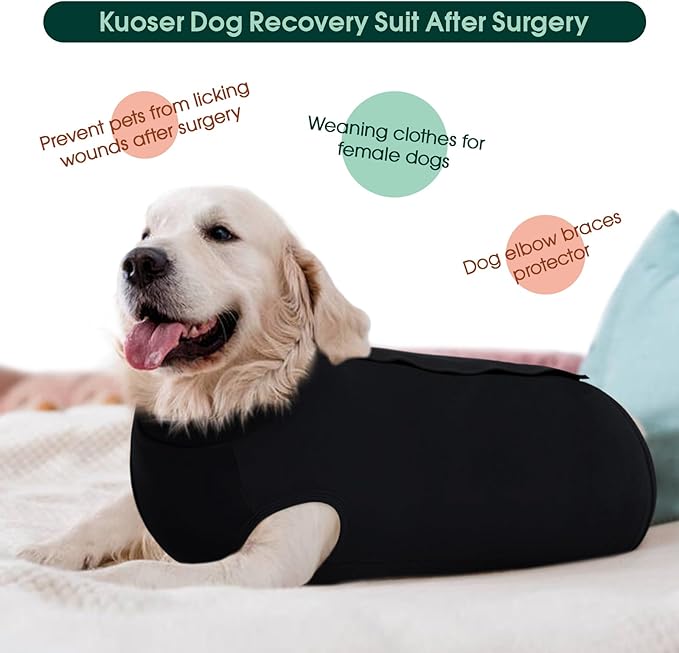 Kuoser Dog Surgery Suit Female Spay Male Neuter, Dog Leg Sleeve to Stop Licking Soft Dog Onesie for Abdominal Wound, Dog Recovery Suit Rear Leg Sleeves Pet Elbow Brace Protector, Black M