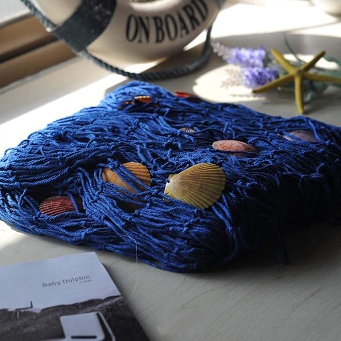 Nature Fish Net Wall Decoration with Shells, Ocean Themed Wall Hangings Fishing Net Party Decor for Pirate Party,Wedding,Photographing Decoration (Fishnet-2pack-Beige & Blue)