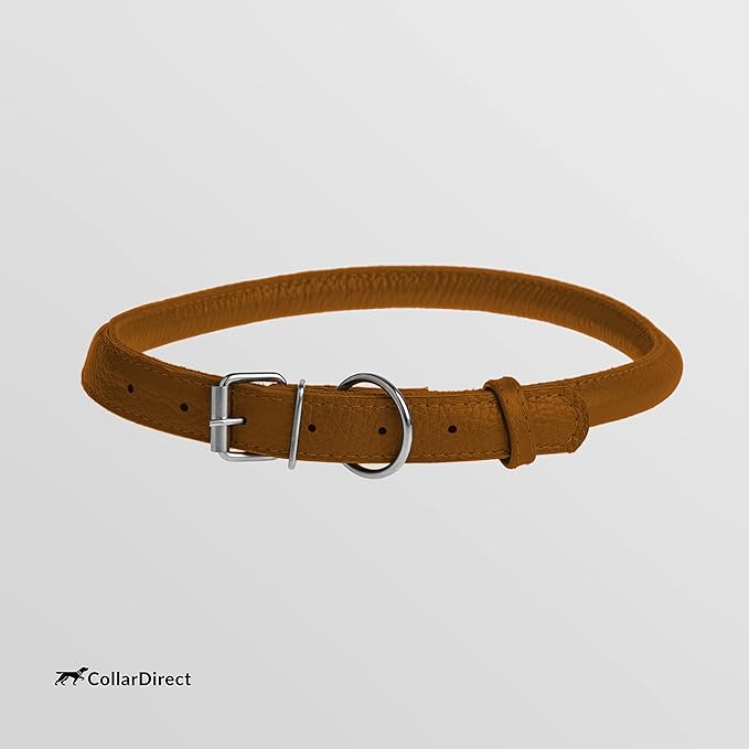 CollarDirect Rolled Leather Dog Collar, Soft Padded Round Puppy Collar, Handmade Genuine Leather Collar Dog Small Large Cat Collars 13 Colors (11-14 Inch, Cinnamon Textured)