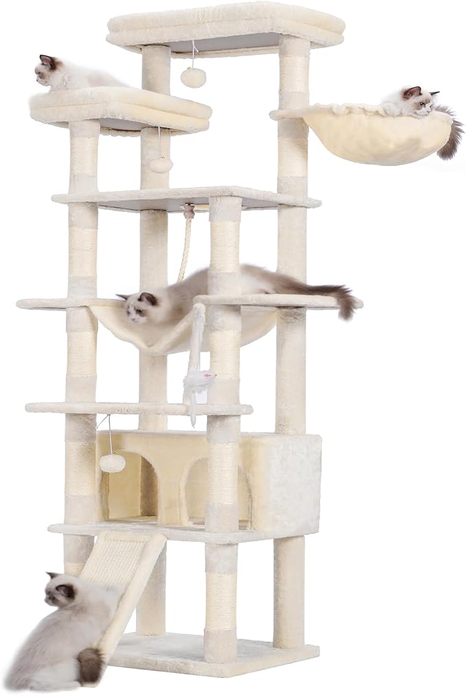 Heybly Tall Cat Tree, 78-inch Multi-Level Cat Tower for Indoor Cats, 2 Widened Plush Perches Cat Condo with Scratching Board and Big Caves, Beige HCT033M