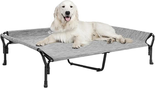 Veehoo Cooling Elevated Dog Bed, XL Raised Pet Cot with Guardrail & Slope Headrest, Durable Breathable Teslin Mesh, Non-Slip Feet, Washable Dog Couch Bed for Indoor & Outdoor, X Large, Black Silver