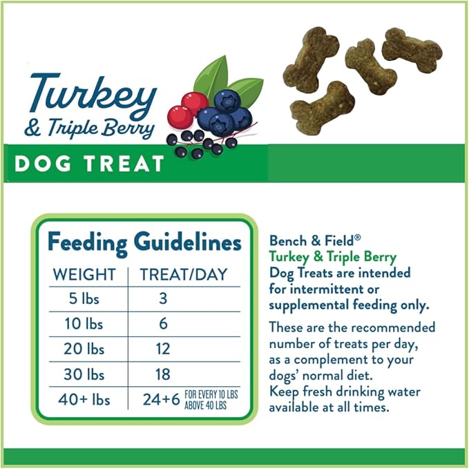 Bench & Field Holistic Natural Turkey & Triple Berry Dog Treats | Crunchy Bone-Shaped Bites | Antioxidant Blend, 10-Ounce Bottle