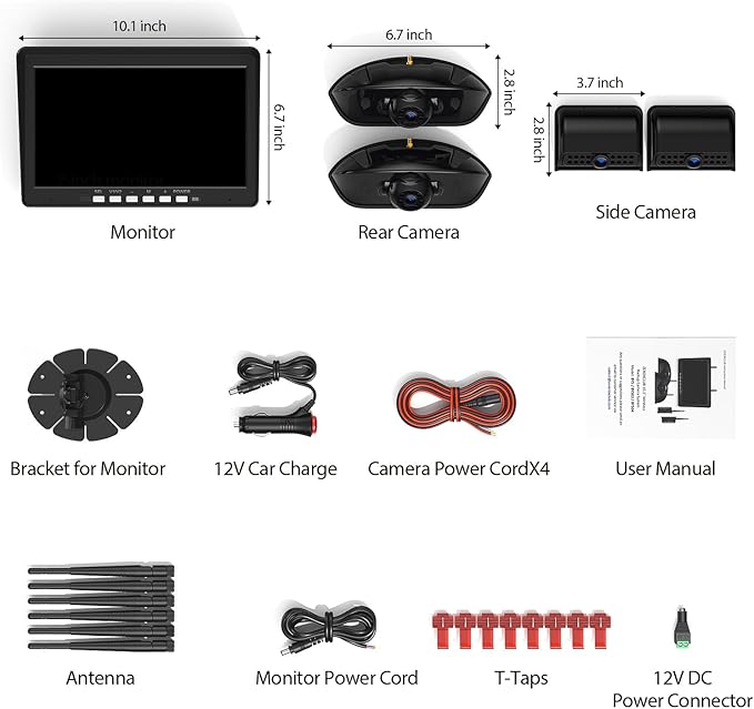 10.1" RV Backup Camera Wireless System Plug and Play, Pre-Wired for Furrion RV Trailer Camper, HD 1080P Quad Split Monitor with 2 Rear View & 2 Side View Cameras, IP69K Waterproof, BY504