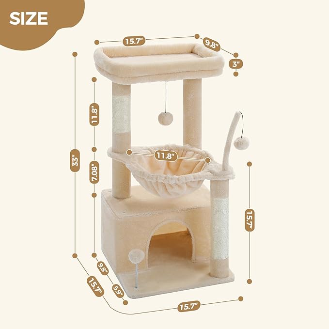 PEQULTI 4-in-1 Cat Tree, 33'' Cat Tower for Indoor Cats with Large Cat Condo, Scratching Post for Cats with Deep Hammock& Cozy Top Perch, Beige