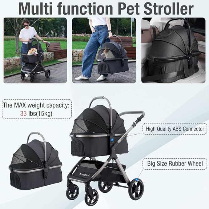 Pet Stroller for Small Medium Dogs, Cat Carriage Travel System Four Wheel Dog Stroller with Carrier, Zipperless Entry/Cup Holder/Storage Basket