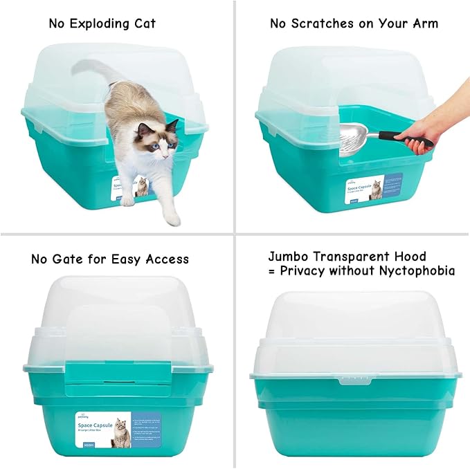 Petfamily Cat Litter Box, Large Foldable Jumbo Hooded Cat Litter Box with Transparent Lid (Teal)