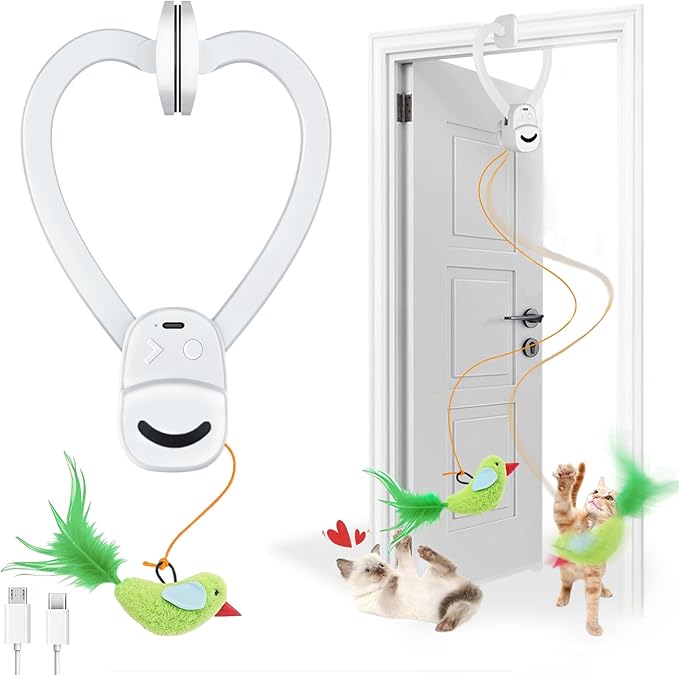 Interactive Cat Toys for Indoor Cats Automatic Electric Flying Bird Feather Wand Toy - Best Kitten & Adult Cat Enrichment Stimulation Toy Hanging Electric Kitty Toys for Bored Cats（White）