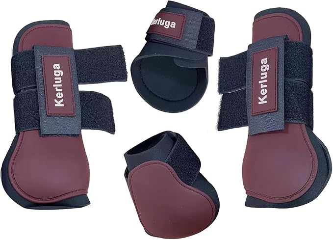 Horse Tendon Boots Set of 4 Open Front & Fetlock Boot for Horses Professional Sport Protection Impact-Absorbing Equine Leg Support for Jumping, Riding, Training (Wine Red, Full)