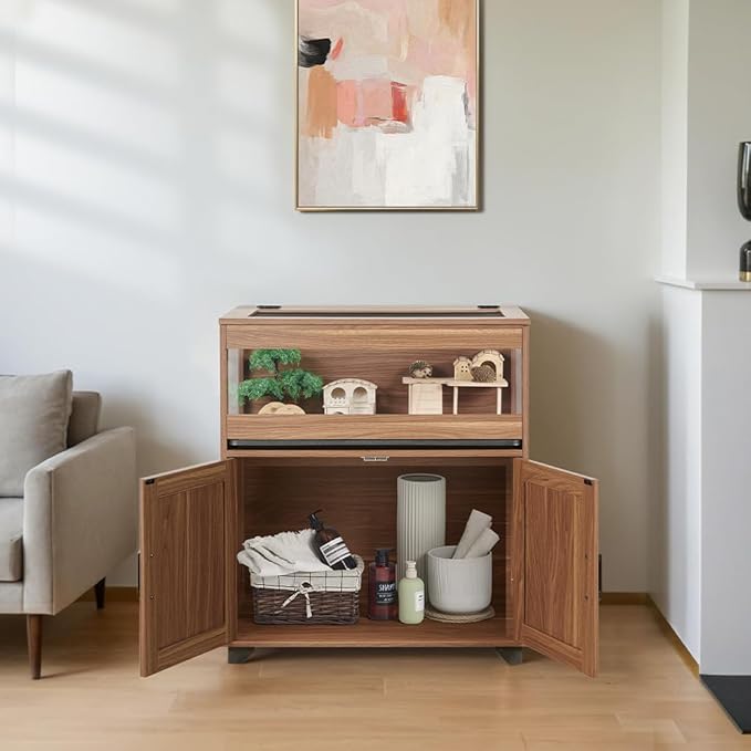 unipaws Hedgehog Cage with Storage Cabinet, Hamster Cage for Rat and Guinea Pigs, Clear Transparent PVC Visual Small Animal Cage with Tray, Hamster Enclosure, Walnut