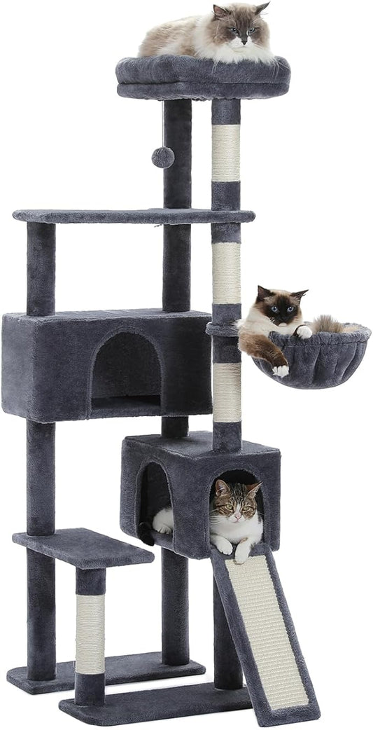 PAWZ Road Cat Tree, 60 Inches Cat Tower with Dual Condos, Spacious Perch, Cozy Basket and Sisal-Covered Scratching Posts for Indoor Cats- Dark Gray