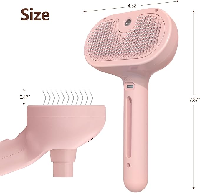 L&W BROS. Steam Grooming Brush for Shedding and Detangling – Self-Cleaning Steamy Pet Brush with Mist Spray for Long-Haired Cats and Small Dogs (Pink)