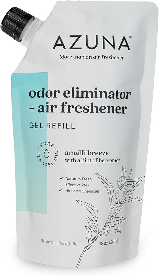 Azuna All-Natural Odor Remover Gel Refill Pouch | Air Purifier with Tea Tree Oil | Plant-Based & Long Lasting | For Pet Odors, Smoke & Strong Odors | Amalfi Breeze, 12 oz.