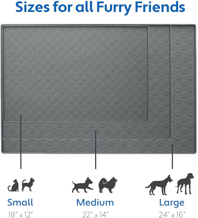 MIGHTY MONKEY 100% Waterproof Dog Food Mat, Raised Edges Silicone Pet Feeding Placemat for Cat, Dogs, Pet Bowls, High Lipped Tray Prevents Water Spills, Food on Floor, Dishwasher Safe, 24x16, Gray