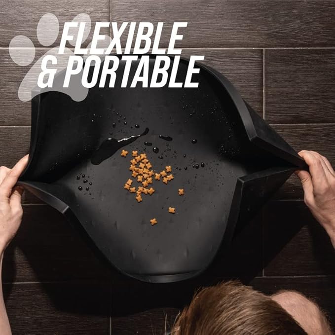 Leash Boss Dog Food Mat for Food and Water Bowls, Waterproof Silicone Pet Feeding Mat for Floors, Extra Tall Raised Edges, Cat and Dog Placemat for Floors, Dishwasher Safe (XL: 25" x 17" - Navy)