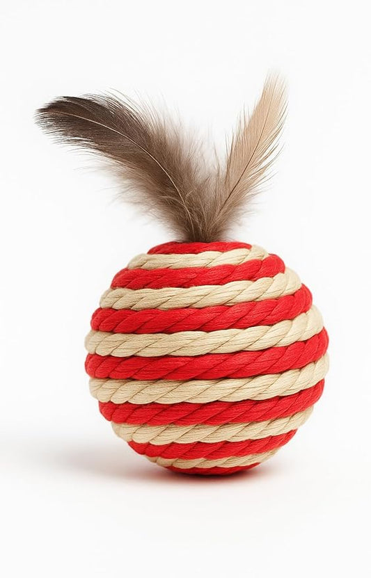 Ball for cat with Feathers - Balls for Cats – Natural Toy for Indoor Cats – Eco-Friendly, Durable, Interactive Play Balls for Kittens – Pet-Safe Chew & Scratch Toys (Red)