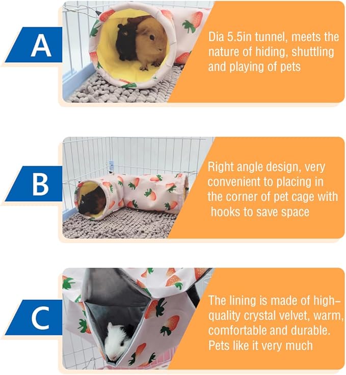 Large Caliber Guinea Pig & Rat Tunnel Hideout & Hammock, Corner Hideout Toy for Guinea Pig, Ferret, Hedgehog & Piggy to Hide and Shuttle (2. Hammock&Tunnel-Strawberry)
