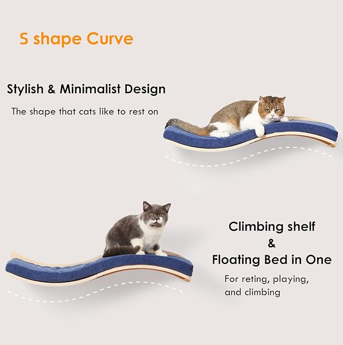 Cat Wall Shelves for Large Cats - Wall Mounted Furniture with Comfortable Cushion, Perfect Perch and Bed for Multi-Cat Households - 35 inch Wavy Shelf for Climbing, Playing, Resting, and Lounging