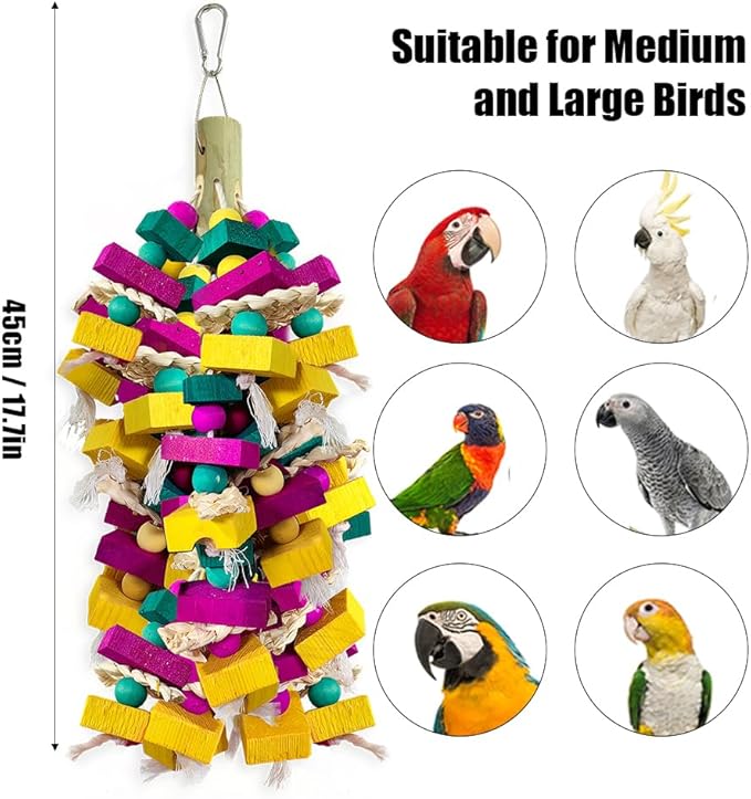 Large Bird Toys, Multi-Color Wooden Block with Bamboo Support Bird Chewing Toy Parrot Cage Bite Toy for Macaws Cokatoos African Grey and Large Medium Parrot Birds