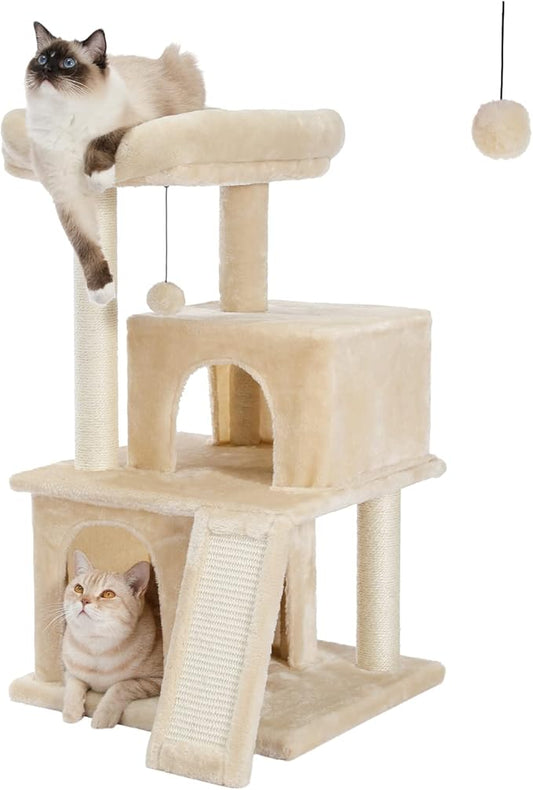 PAWZ Road Cat Tree Luxury Cat Tower with Double Condos, Spacious Perch, Fully Wrapped Scratching Sisal Posts and Replaceable Dangling Balls Beige