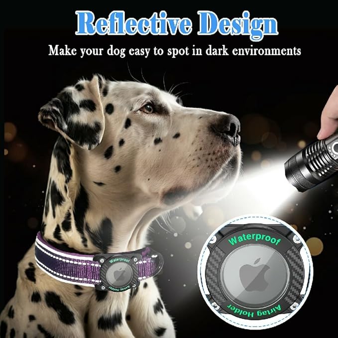 Upgraded AirTag Dog Collar, IP68 Waterproof Dog Collar with Apple Air Tag Holder, Reflective Adjustable Heavy Duty Dog Collars with Soft Padded for Small, Medium and Large Dogs,Purple, L