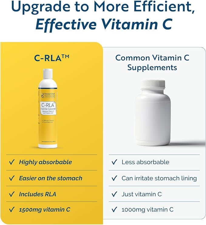 Researched Nutritionals C-RLA - Liposomal Vitamin C with R Lipoic Acid to Support Detox - Vegan & Soy-Free Vitamin C Liquid, Vanilla Caramel Flavor (10 Fl Oz)