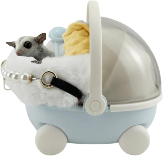Sugar Glider Carrier Cage with Warm Nest, Cushion, Mat and Safe Lock, Portable Cages with Chain, Small Animals Travel Carrier Plastic Breathable Outgoing Box for Hamsters (White)