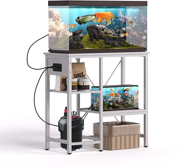 20-29 Gallon Fish Tank Stand with Power Outlet & LED Light, Metal Aquarium Stand with 3 Tier Adjustable Storage Shelves, Tank Stand for Reptile Tank, Turtle Tank, 30.7" L*13.8" W, White