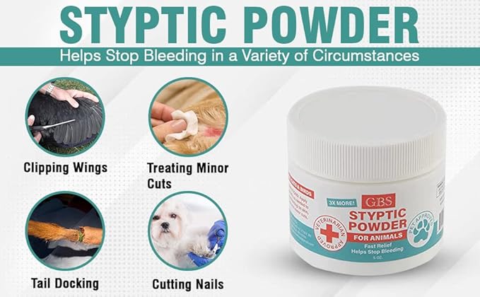 G.B.S 5 oz Styptic Powder for Dogs, Cats & Birds – Quick Blood Clotting for Nail Clipping, Minor Cuts, Tail Docking & Wing Clipping – Pet First Aid Hemostatic Powder with Sealed Top & Scoop