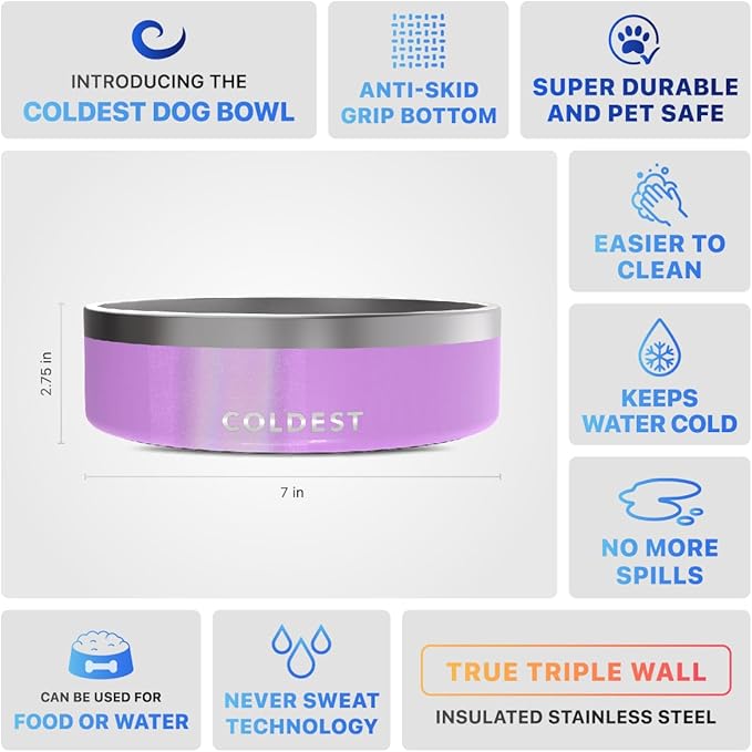 Coldest Dog Bowl - Anti Rust Metal, Non Slip, 3 Layers Insulated Stainless Steel Dog Bowls - Spill Proof & Heavy Duty - Water Bowl for Dogs, Cats, Dish Washer Safe (42 oz, Saturns Purple Glitter)
