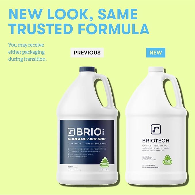 BRIOTECH Extra Strength HOCl Cleaner, 500 PPM Hypochlorous Acid Concentrate, ULV Foggers & Humidifiers, Professional Deodorizer for Dental, Offices, Schools, Homes, Peroxide Free, 1 Gallon (2 Pack)