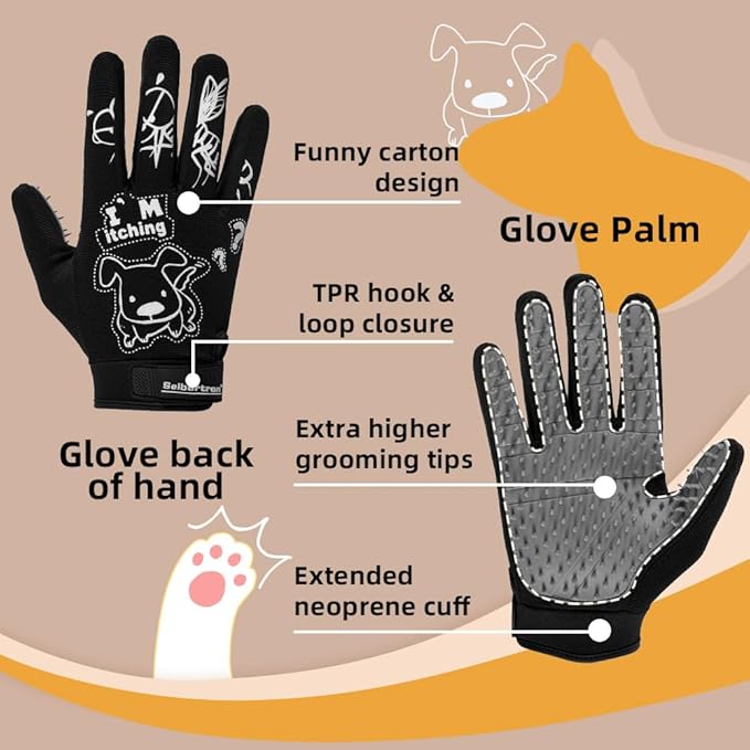 Seibertron Patented P.G.M.G-1 Pet Hair Remover/Deshedding Grooming Gloves Seven Sizes Fit All Works for Dogs, Horses, Cats and Other Animals Short Fur(1-Pair) Adult Black S