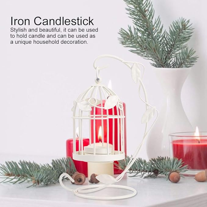 Birdcage Candle Holder, Hanging Candle Holder Decorative Bird Cages Bird Cage Decor Vintage Metal Candlestick for Wedding, Party(White)