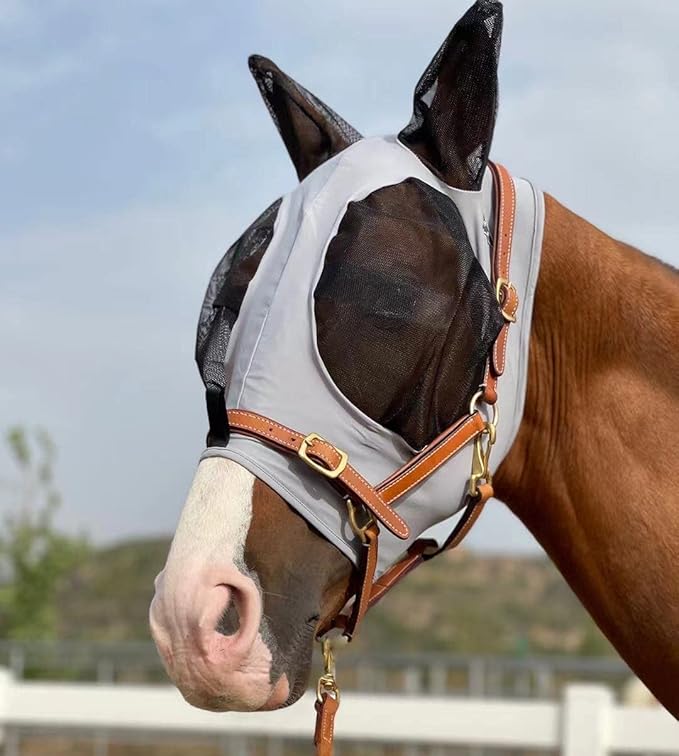 Horse Fly Mask Super Comfort Horse Fly Mask Elasticity Fly Mask with Ears We Only Make Products That Horses Like… (Gray, M)