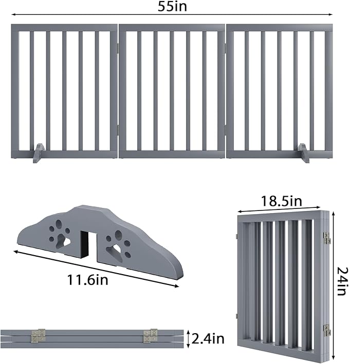 Freestanding Wooden Dog Gate - 24 Inch Tall, Support Feet, Step Over, Indoor