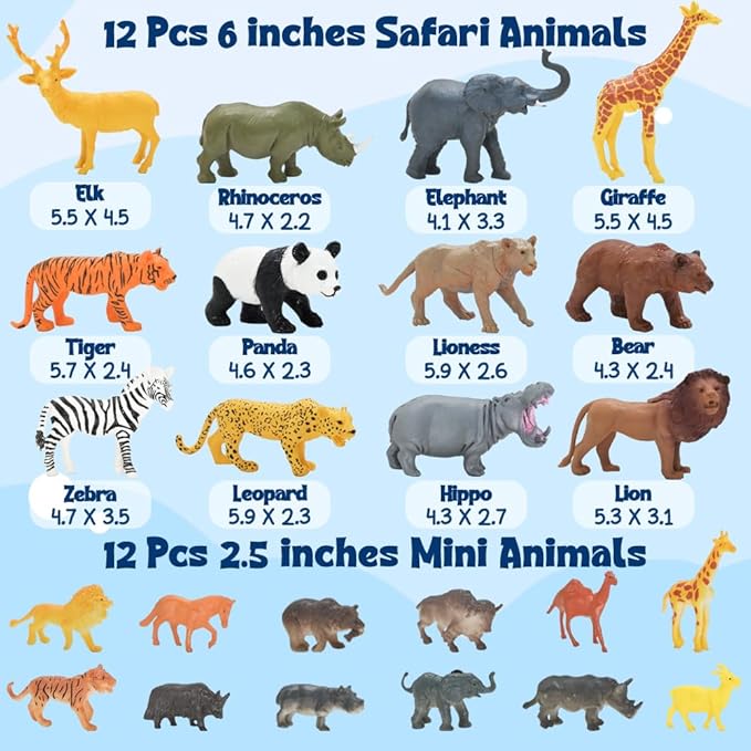 24Pcs Safari & Zoo Animals Figures, Realistic Plastic Animal Toys Set for Kids 1 2 3, Lion, Elephant, Perfect for Play, Education, Baby Shower Decor,Party Supplies Cake Topper