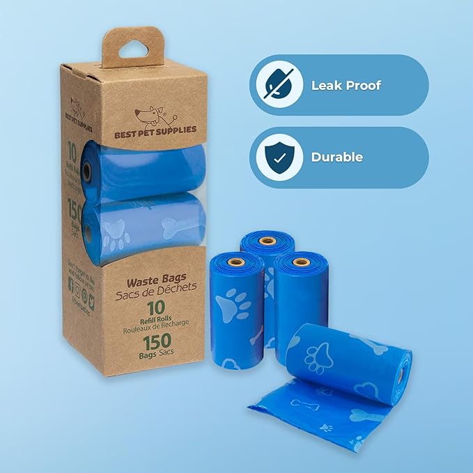 Best Pet Supplies Dog Poop Bags (150 Bags) for Waste Refuse Cleanup, Doggy Roll Replacements for Outdoor Puppy Walking and Travel, Leak Proof and Tear Resistant, Thick Plastic - Blue (Unscented)