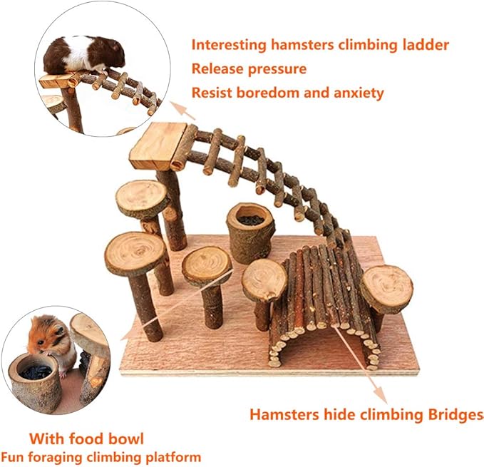 Wooden Hamster Bridge, Small Animals Climbing Ladder Activity Set Platform Ramps Playground Toys for Mouse Dwarf Hamster Gerbil Rat Sugar Glider Syrian Hamster