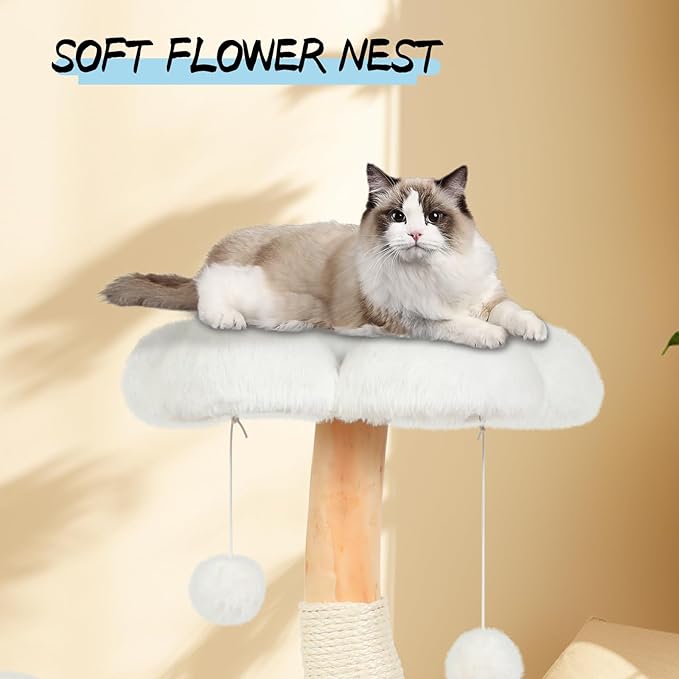 Cute Cat Tree Tower for Indoor Cats Adult, Wood Flower Cat Trees with 6 Pompoms, Modern Cat Tree Tower with Scratching Post, Aesthetic Luxury Cat Condo for Cats Kitten, Alpine White