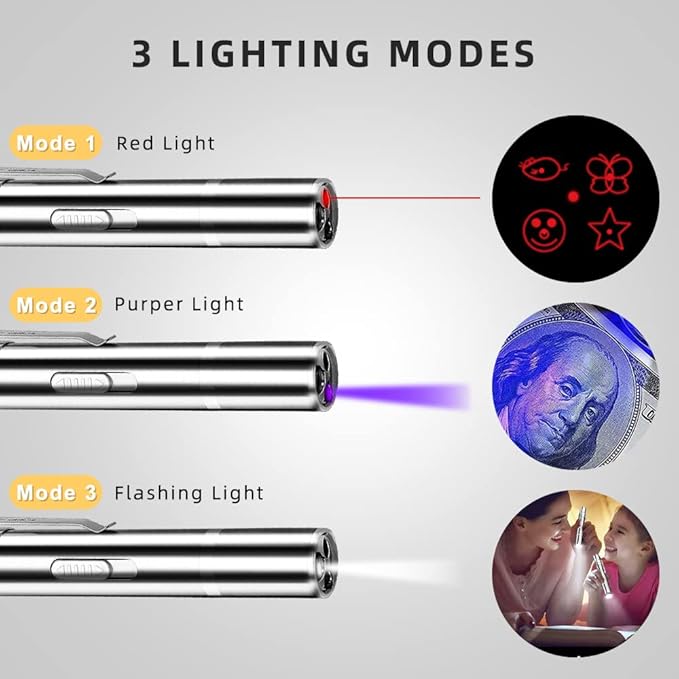 Laser Pointer Cat Toys USB Rechargeable Interactive Cat Laser Pointer with 5 Exciting Laser Patterns Torch UV and Infrared Modes Safe Pet Playtime Multi-Use Toy for Cats and Pet Owners