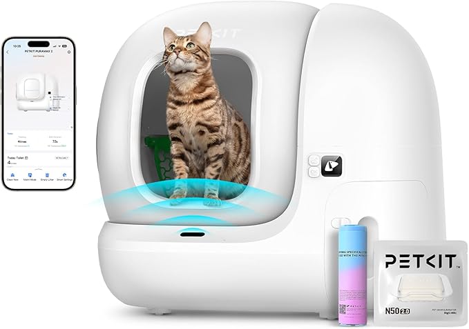 PETKIT PuraMax 2 Automatic Self-Cleaning Cat Litter Box, App Control Scoop-Free Litter Box with Safety Sensors, Odor Free & Anti-Leakage Basic Bundle Includes Trash Bags,2.4G WiFi & Low Entrance