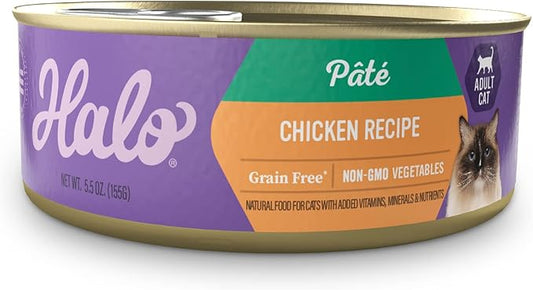 Halo Wet Cat Food Whole Chicken Recipe, Grain Free Wet Cat Pate, Canned Cat Food for Extra Hydration, 5.5 Oz Can (Pack of 12)