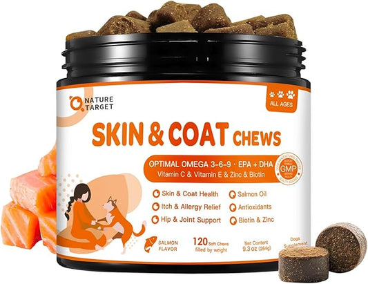 NATURE TARGET Omega 3 Fish Oil for Dogs, Salmon Oil Skin and Coat Supplement for Dogs Itchy Skin Relief with Omega 3-6-9 (EPA & DHA), Zinc, Biotin and Vitamin E & C - 120 Salmon Flavored Soft Chews