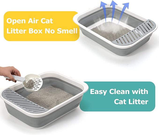 Open Top Cat Litter Box, Large Foldable Kitty Potty with Height-Adjustable Sides and Anti-Splash Design, Easy Clean with Cat Litter Scoop (Gray)