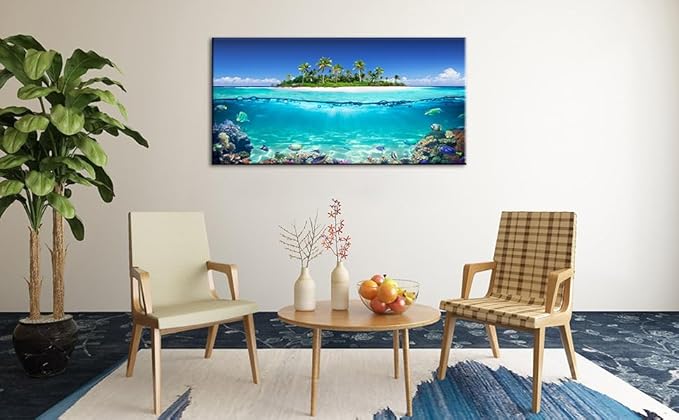 Tropical Island Coral Reef Landscape Canvas Wall Art for Living Room,Unique View Split Waterline Scenery,Beautiful Nature Summer Travel Scenic Picture Print Artwork Painting Decor,Inner Frame 30x60