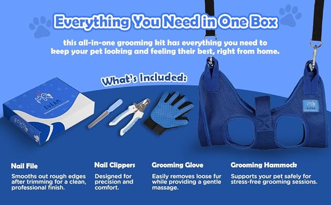 Pet Grooming Hammock for Cats & Small Dogs – Nail Clipping Kit with Sling, Clippers, File, Glove, Straps & Carabiners – Ideal for Trimming & Ear Cleaning – [S/XS] (Blue, Small)