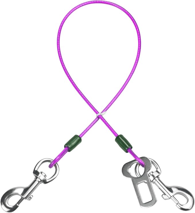 Dog Seat Belt Harness for Car,Dog Seatbelt of Coated Wire Leash Safety Restraint,No Chew Tether Cable Vehicle,Double Clips & Latch (Purple, 24 inch/60 CM)